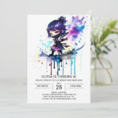 Ninja Watercolor Girly Birthday Einladung (Stehend Vorderseite)