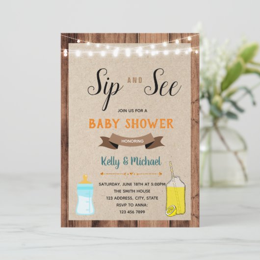 Nippen Sie und sehen Sie an Limonadeduschen-Party Einladung (Stehend Vorderseite)