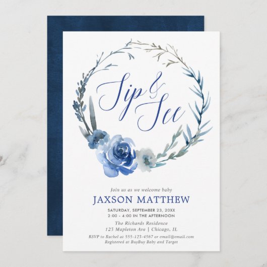 Nippen Sie und sehen Sie an Marineblaueleganten Einladung (Vorne/Hinten)