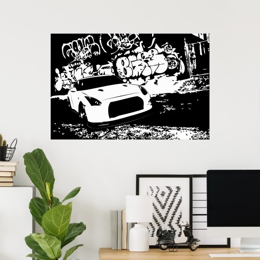 Nissan Skyline GTR mit Graffiti Hintergrund Poster (Heimbüro)