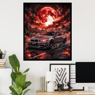 Nissan Skyline R34 unter einem karmesinroten Mond Poster