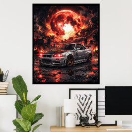 Nissan Skyline R34 unter einem karmesinroten Mond Poster