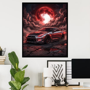 Nissan Skyline R35 unter einem karmesinroten Mond Poster