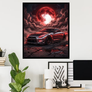 Nissan Skyline R35 unter einem karmesinroten Mond Poster