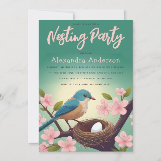 Nistest Party Bird Nest Eier Grün Rosa Blossom Einladung (Vorderseite)