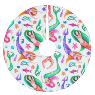 Nixen Aquarell: Nahtloses Ozean-Muster Polyester Weihnachtsbaumdecke