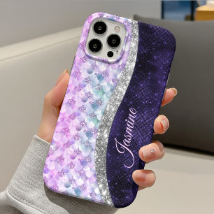 Nixen-Haut lila Silber-Faux-Glitter-Monogramm Case-Mate iPhone 14 Hülle