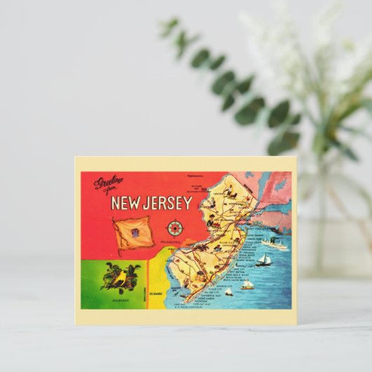 NJ Map of Beaches Bordered Postcard Postkarte (Stehend Vorderseite)