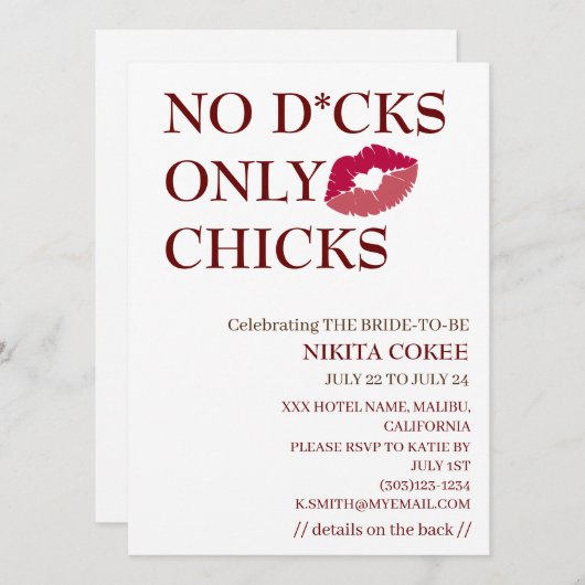 No D*cks Only Chicks Bachelorette Wochenende Rusti Einladung (Vorne/Hinten)