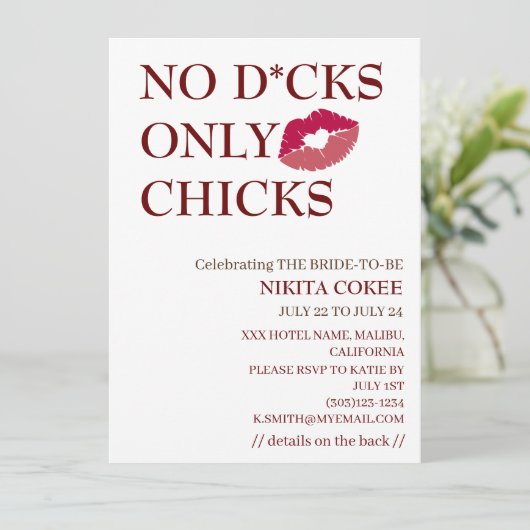 No D*cks Only Chicks Bachelorette Wochenende Rusti Einladung (Stehend Vorderseite)