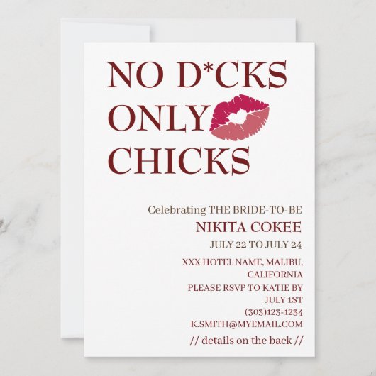 No D*cks Only Chicks Bachelorette Wochenende Rusti Einladung (Vorderseite)