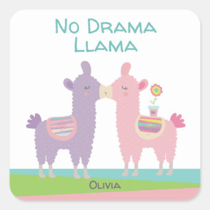 No Drama Llama Pink Lila Türkis Namensschule Quadratischer Aufkleber