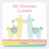 No Drama Llama Pink Yellow Turquoise Name School Quadratischer Aufkleber (Vorderseite)