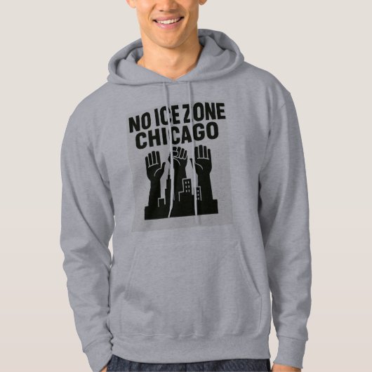 No ICE Zone Hoodie – Raised Fists Over Chicago Sky (Vorderseite)