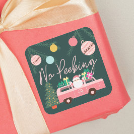 No Peeking Vintag Pink Christmas Van Santa Quadratischer Aufkleber