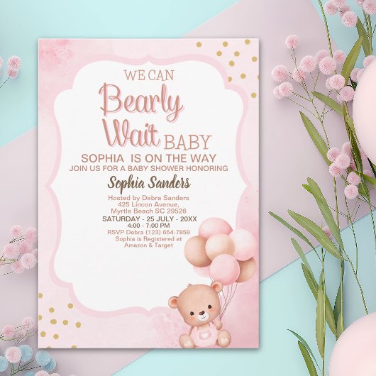 No podemos esperar mas Lindo oso Rosa Baby shower Einladung