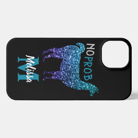 No Prob Llama Aqua blue ombre Glitzern Monogram iPhone Hülle (Rückseite (Horizontal))