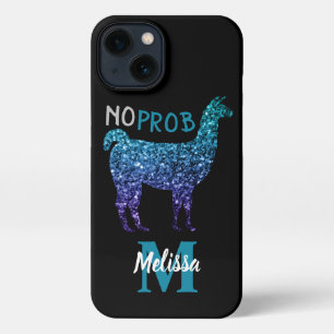 No Prob Llama Aqua blue ombre Glitzern Monogram iPhone 13 Hülle