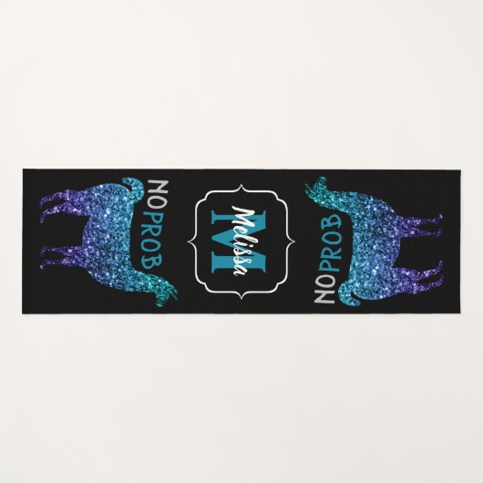 No Prob Llama Aqua blue ombre Glitzern Monogram Yogamatte (Vorderseite (Horizontal))