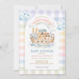 Noachs Ark Pastell Regenbogen Gingham Babyparty Einladung