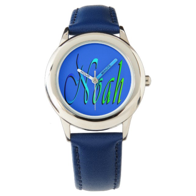 Noah, Name, Logo, Boys Blue Leather Watch. Armbanduhr (Vorderseite)