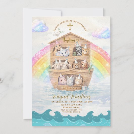 Noah’s Ark Baptism Invitation | Baby Animals Einladung (Vorderseite)