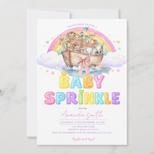 Noahs Arche Baby Sprinkle Glitter Regenbogen Einladung (Vorderseite)