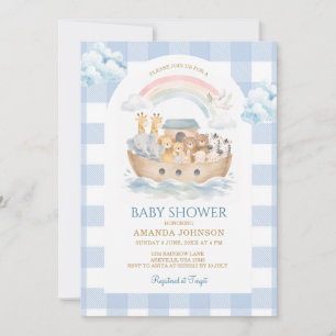 Noahs Arche Blau Gingham Regenbogen Baby Shower Einladung