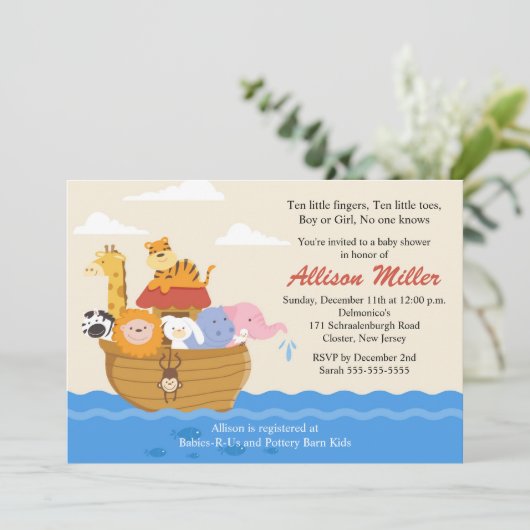 Noahs Arche-Jungen-oder Mädchen-Babyparty Einladung (Stehend Vorderseite)