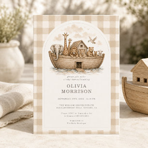 Noahs Arche Neutrale Gingham-Babyparty Einladung