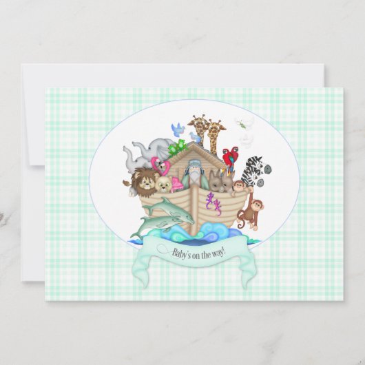 Noahs Arche Tiere Mintgrün Gingham Einladung (Vorderseite)