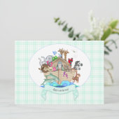 Noahs Arche Tiere Mintgrün Gingham Einladung (Stehend Vorderseite)