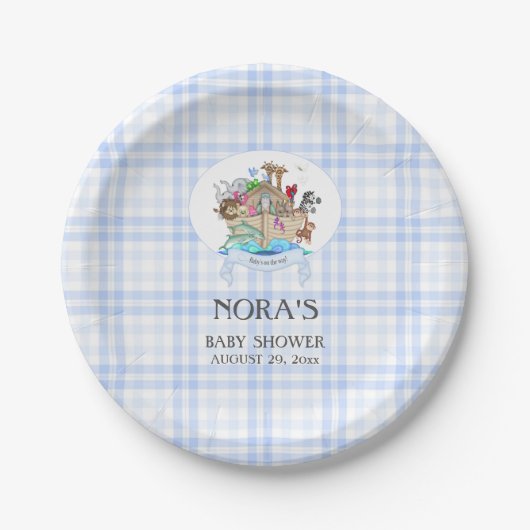 Noah's Ark Animals Blue Gingham Pappteller (Vorderseite)