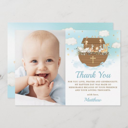 Noah's Ark Animals Boy Taufe Christening Foto Dankeskarte (Vorne/Hinten)