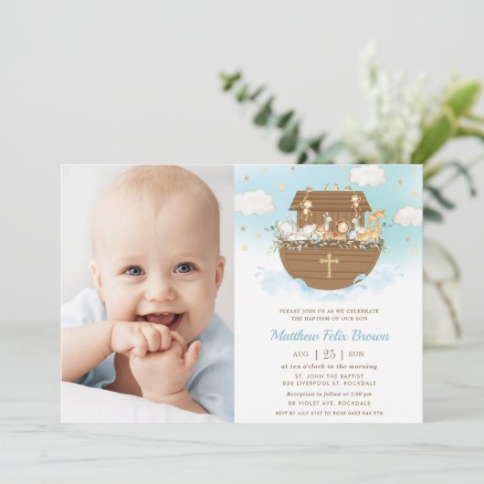 Noah's Ark Animals Boy Taufe Christening Foto Einladung (Stehend Vorderseite)