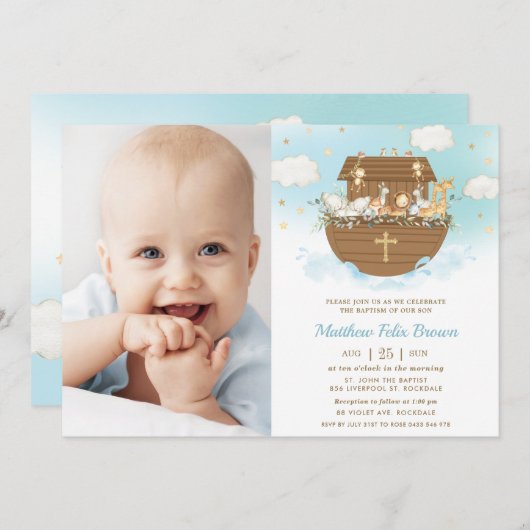Noah's Ark Animals Boy Taufe Christening Foto Einladung (Vorne/Hinten)