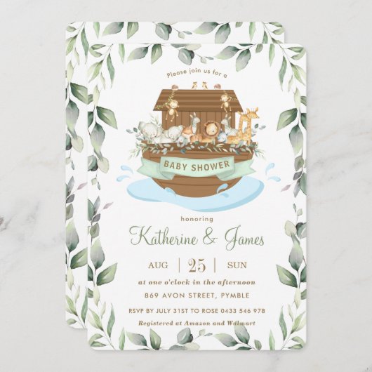 Noah's Ark Animals Greenery Baby Dusche neutral Einladung (Vorne/Hinten)