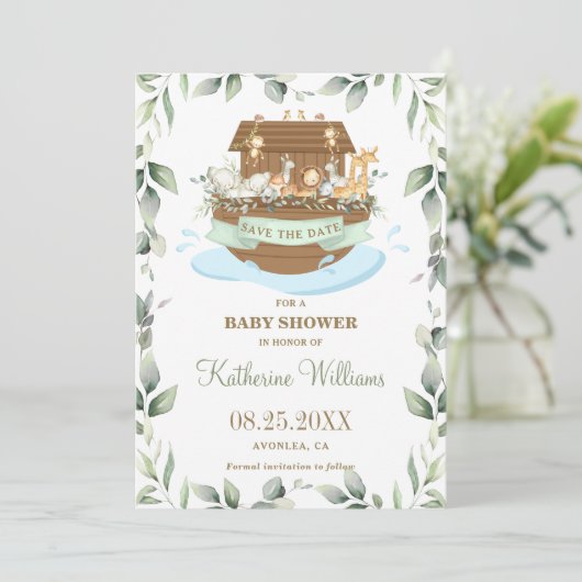 Noah's Ark Animals Greenery Baby Dusche neutral Save The Date (Stehend Vorderseite)