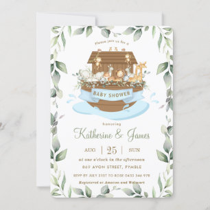 Noah's Ark Animals Greenery Blue Boy Baby Shower Einladung