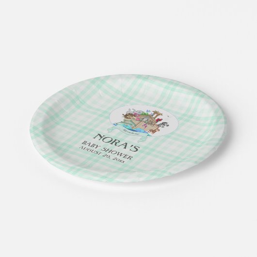 Noahs Ark Animals Mint Green Gingham Pappteller (Schrägansicht)