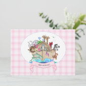 Noah's Ark Animals Pink Gingham Einladung (Stehend Vorderseite)