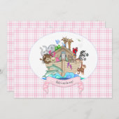 Noah's Ark Animals Pink Gingham Einladung (Vorne/Hinten)