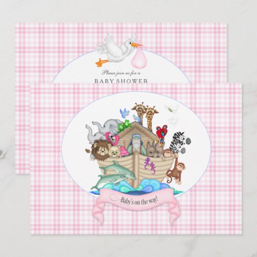 Noah's Ark Animals Pink Gingham Einladung (Vorne/Hinten)