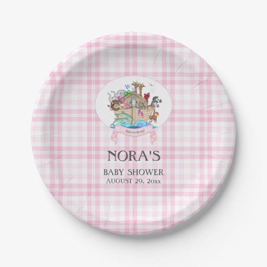 Noah's Ark Animals Pink Gingham Pappteller (Vorderseite)