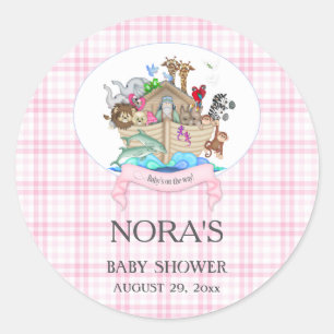 Noah's Ark Animals Pink Gingham Runder Aufkleber