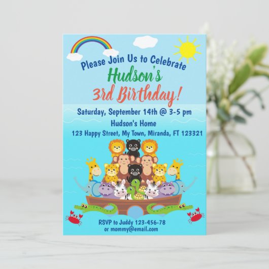 Noah's Ark Birthday Einladung (Stehend Vorderseite)