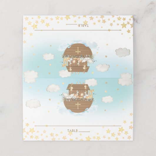 Noah's Ark Blue Niedlicher Tiere Taufe Gast Name Platzkarte (Außenseite Aufgefaltet)