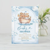  Noah's Ark Blue Watercolor Baby Shower Einladung (Stehend Vorderseite)