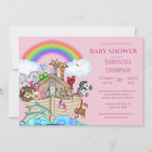 Noah's Ark Girls Baby Shower Einladung (Vorderseite)