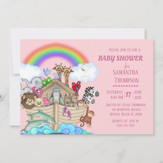 Noah's Ark Girls Baby Shower Einladung (Vorderseite)
